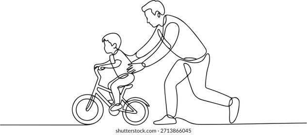 Desenho de Linha Contínuo de um Pai Ensinando uma Criança a Andar de Bicicleta. Desenho de ícone de uma linha com fundo branco
