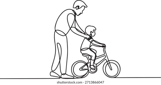 Desenho de Linha Contínuo de um Pai Ensinando uma Criança a Andar de Bicicleta. Desenho de ícone de uma linha com fundo branco
