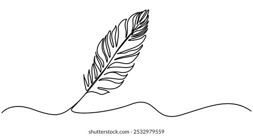 Continuous Line Drawing of Feather Icon. Hand Drawn Symbol Vector Illustration, One single line drawing of bird feather, One continuous line drawing of bird feather. Writer and poetry symbol logo