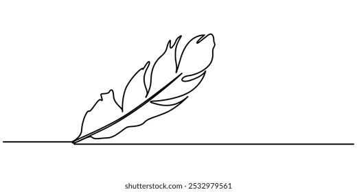 Continuous Line Drawing of Feather Icon. Hand Drawn Symbol Vector Illustration, One single line drawing of bird feather, One continuous line drawing of bird feather. Writer and poetry symbol logo