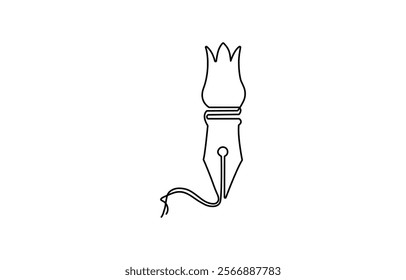 Continuous Line Drawing of Feather Icon. Hand Drawn Symbol Vector Illustration, single line drawing of a Quill inside an inkpot, Fountain pen.