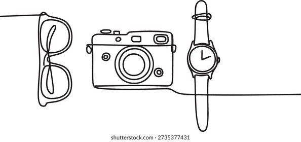 Continuous line drawing features essential travel accessories. Minimalist black stroke depicts vintage camera, stylish sunglasses, and classic wrist watch. Single line artwork represents exploration and journey gear. Hand-drawn vector sketch of tourist items suggests vacation and photography themes. Clean, simple graphic design element for blogs or advertising related to travel lifestyle and time keeping.