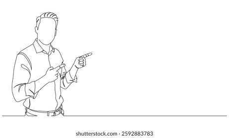 A continuous line drawing features a man in a formal shirt pointing to the right. The image exudes professionalism and offers ample blank space for adding text or promotional content. Ideal for presen