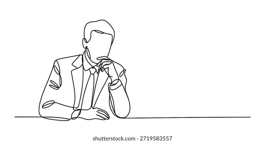 Dibujo de línea continua con un hombre de negocios en pensamiento profundo, sentado en un Vector de mesa, ilustración