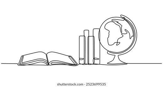 Continuous line drawing featuring a globe surrounded by a stack of books and an open book. Illustrates the connection between travel and knowledge in a clean design.
