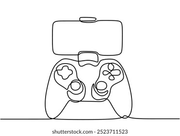 Continuous line drawing featuring a joystick and gaming console together. Highlights essential gaming equipment in a minimalist representation.