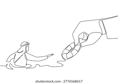 Continuous line drawing featuring a massive hand tossing a lifebuoy to a struggling young Arabian man. Illustrates a business financial bailout concept designed for a corporate crisis magazine cover.