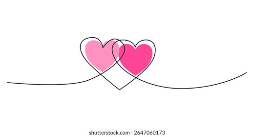 A continuous line drawing featuring two intertwined pink hearts on a white background. This minimalist and elegant one-line art illustration symbolizes love, connection, and harmonious relationships.