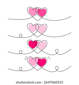 A continuous line drawing featuring two intertwined pink hearts on a white background. This minimalist and elegant one-line art illustration symbolizes love and connection.