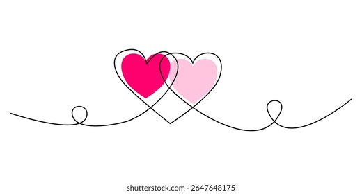 A continuous line drawing featuring two intertwined pink hearts on a white background. This minimalist and elegant one-line art illustration symbolizes love, connection, and harmonious relationships.