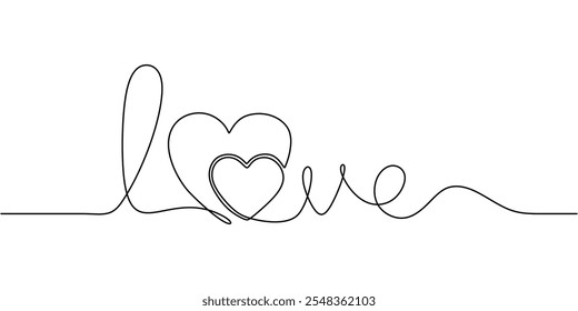 Dibujo de línea continua con la palabra Amor con dos corazones. Estilo minimalista que expresa afecto y conexión.