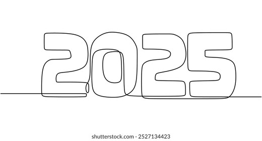 Continuous line drawing featuring the year 2025. Minimalist design representing a new beginning and fresh opportunities. Hand-drawn illustration for New Year celebrations.