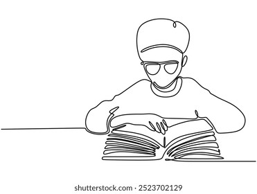 Dibujo de línea continua con un niño absorto en un libro. Representa el mundo de la lectura y la creatividad en una simple ilustración.