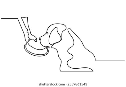 Continuous line drawing of feeding dog. the dog and giving treats. The Concept of Pet Care, Love for Pets, Compassion, and Animal Communication. Dog and owner vector.