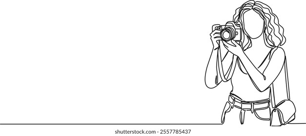 continuous line drawing of female amateur photographer taking pictures with DSLR, line art vector illustration