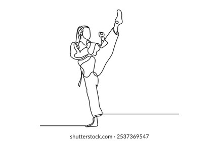 Línea continua 

Dibujo de atletas femeninas practicando karate. Entrenamiento y determinación de artes marciales, practicando patadas y saltos. Deporte, artes marciales, deportes de combate y conceptos de estilo de vida activo. 