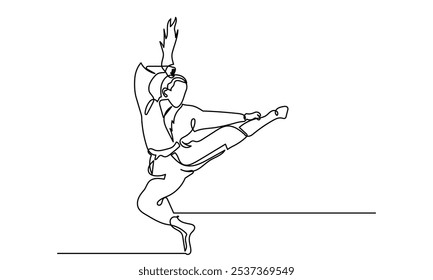 Línea continua 

Dibujo de atletas femeninas practicando karate. Entrenamiento y determinación de artes marciales, practicando patadas y saltos. Deporte, artes marciales, deportes de combate y conceptos de estilo de vida activo. 