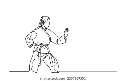 Línea continua 

Dibujo de atletas femeninas practicando karate. Entrenamiento y determinación de artes marciales, practicando patadas y saltos. Deporte, artes marciales, deportes de combate y conceptos de estilo de vida activo. 