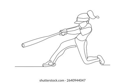 Continuous line drawing of female baseball professional player athlete holding baseball stick and wearing helmet and uniform. Vector illustration single line sketch editable stroke