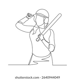 Continuous line drawing of female baseball professional player athlete holding baseball stick and wearing helmet and uniform. Vector illustration single line sketch editable stroke