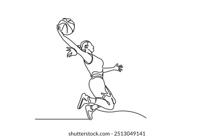 Dibujo continuo de la línea del jugador de baloncesto femenino. Mujer atlética joven de una sola línea, jugador de baloncesto en ropa deportiva y salto de acción. Concepto de deporte profesional, juegos, campeonatos,
 sano, 