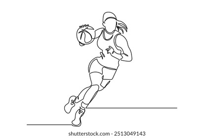 Kontinuierliche Linie Zeichnung der weiblichen Basketball-Spieler.Single-Linie Junge athletische Frau, Basketball-Spieler in Sportbekleidung und Springen action.Concept of professional sport, games, championships,
 gesund, 