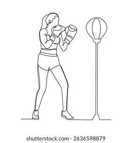 Continuous line drawing of female boxing athlete training with punching bag. Sport single line editable stroke sketch vector illustration