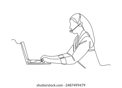 Continuous line drawing of female customer service operator in front of a computer with a headset.