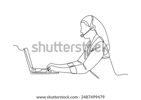 Continuous line drawing of female customer service operator in front of a computer with a headset.