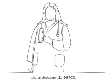 
Continuous line drawing of female doctor with stethoscope. One line art of health care concept. Vector illustration.