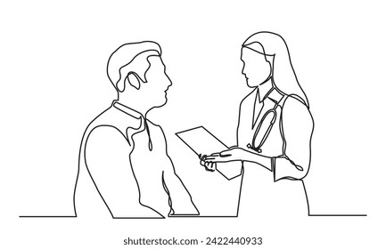 continuous line drawing of a female doctor talking to a male patient in a hospital.single-line female doctor with a stethoscope treats a patient man. Concept of hospital and health care service.