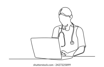 Dibujo continuo de la línea de la doctora femenina que comprueba el historial médico del paciente en un ordenador portátil.doctor de una sola línea de las mujeres con el estetoscopio delante del ordenador portátil.ilustración vectorial del concepto de la atención médica.
