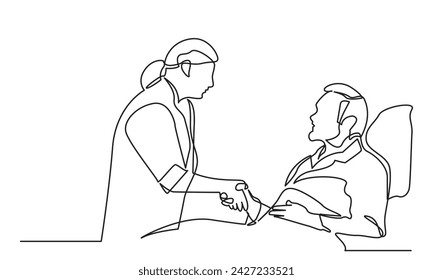 Dibujo de línea continua de la mujer del médico que da la mano con el paciente masculino. Dibujo de línea simple de un médico que habla con el paciente acostado en la cama. Concepto de servicio hospitalario y asistencial.