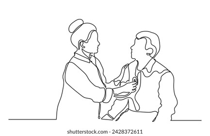 continuous line drawing of a female doctor talking to a male patient in a hospital.single-line female doctor with a stethoscope treats a patient man. Concept of hospital and health care service.