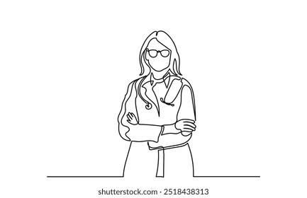 Continuous line drawing of a female doctor standing crossed arms with a stethoscope.Concept of hospital and health care service vector illustration.