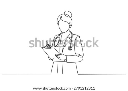 Continuous line drawing of a female doctor taking notes on a clipboard with physician clipboard healthcare professional clinical continuous minimalist illustration diagnostic consultation