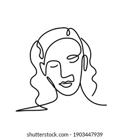 Continuous line drawing of of female face with closed eyes. Vector illustration.