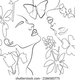 A continuous line drawing with a female face, leaves. Vector seamless pattern. Linear background of nature. The concept of fashion, minimalism. Modern design. Abstraction.