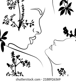 Dibujo continuo de líneas con cara femenina, hojas. Patrón veloz. Fondo lineal de la naturaleza. El concepto de moda y minimalismo. Diseño moderno. Abstracción.