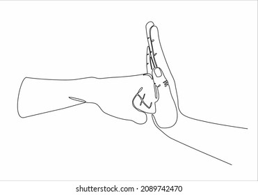 
continuous line drawing of female hand using palm to stop human punch from attack isolated on white background vector illustration