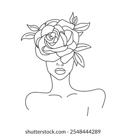 Continuous Line Drawing Of Female Head with Flowers Black Isolated on White Background. Woman Face with Flowers One Line Illustration. Minimalist Botanical Drawing. Vector. Not AI
