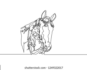 Continuous line drawing of female jockey hugging her lovely horse. One line draw of horse rider concept. Vector illustration