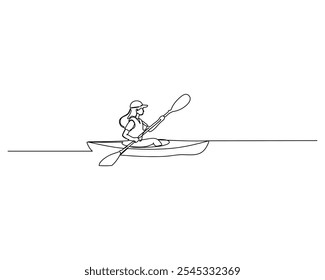 continuous line drawing of a female kayaker navigating calm waters with a double-bladed paddle. The minimalist design captures the elegance and fluidity of the outdoor activity