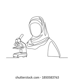 Continuous line drawing of female muslim scientist analyze using microscope wearing hijab in laboratory. One line concept of science work space. Vector illustration