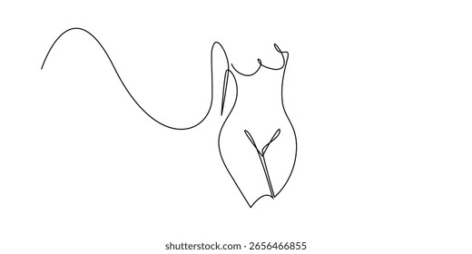Continuous line drawing of a female nude torso in minimalist style. Artistic representation of feminine beauty, body curves, and sensuality in modern abstract line art