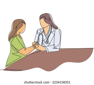 Continuous line drawing of female obstetrician and gynecologist doctor handshake and congratulate a young happy pregnant mom about her pregnancy. One line drawing vector illustration