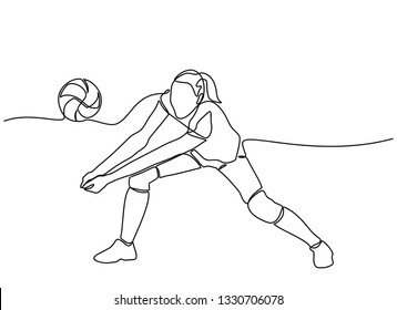 continuous line drawing of Female professional volleyball player isolated on with ball. The athlete, exercise, action, sport, healthy lifestyle, training, fitness concept.