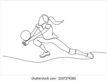 continuous line drawing of Female professional volleyball player isolated on with ball. The athlete, exercise, action, sport, healthy lifestyle, training, fitness concept.
