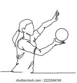 Continuous line drawing of female professional volleyball player with ball isolated on white background. Hand drawn single line vector illustration