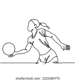 Continuous line drawing of female professional volleyball player with ball isolated on white background. Hand drawn single line vector illustration